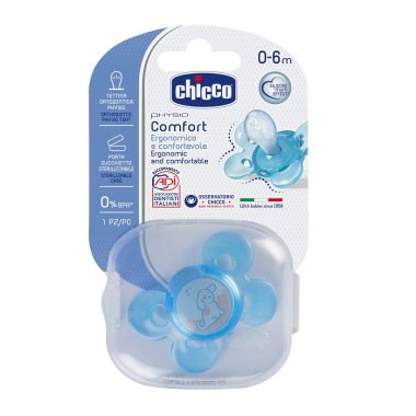 CHICCO Ortodontinis žindukas PHYSIO COMFORT su sterilizavimo dėklu, 0-6M, Iš "Mum effect" silikono